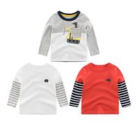 3er Pack Jungen Langarmshirt T Shirt Baby Kinder Jungen Rundhals Langarmshirt Baumwolle Shirt Dinosaurier Wagen Drucken T-Shirt Tops Kinder Shirt 1-7 Jahre (Rot, 130)