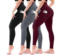 3er-Pack Leggings für Damen, hohe Taille, nicht durchsichtig, Bauchkontrolle, Radfahren, Workout, Yogahose mit Taschen, Reg & Plus, Tasche, Schwarz/Grau/Weinrot, S/M