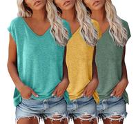 3er Pack Tshirt Damen Einfarbig Bluse Kurzarm V-Ausschnitt T-Shirt mit Flügelärmeln Sommer Tanktop Schlicht Ärmellos Frauen Oberteile Basic Crop Top T-Shirts Klamotten Teenager Mädchen Kleidung