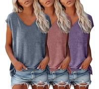 3er Pack Tshirt Damen Einfarbig Bluse Kurzarm V-Ausschnitt T-Shirt mit Flügelärmeln Sommer Tanktop Schlicht Ärmellos Frauen Oberteile Basic Crop Top T-Shirts Klamotten Teenager Mädchen Kleidung