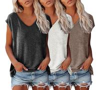 3er Pack Tshirt Damen Einfarbig Bluse Kurzarm V-Ausschnitt T-Shirt mit Flügelärmeln Sommer Tanktop Schlicht Ärmellos Frauen Oberteile Basic Crop Top T-Shirts Klamotten Teenager Mädchen Kleidung