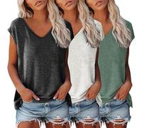 3er Pack Tshirt Damen Einfarbig Bluse Kurzarm V-Ausschnitt T-Shirt mit Flügelärmeln Sommer Tanktop Schlicht Ärmellos Frauen Oberteile Basic Crop Top T-Shirts Klamotten Teenager Mädchen Kleidung