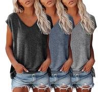 3er Pack Tshirt Damen Einfarbig Bluse Kurzarm V-Ausschnitt T-Shirt mit Flügelärmeln Sommer Tanktop Schlicht Ärmellos Frauen Oberteile Basic Crop Top T-Shirts Klamotten Teenager Mädchen Kleidung