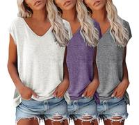 3er Pack Tshirt Damen Einfarbig Bluse Kurzarm V-Ausschnitt T-Shirt mit Flügelärmeln Sommer Tanktop Schlicht Ärmellos Frauen Oberteile Basic Crop Top T-Shirts Klamotten Teenager Mädchen Kleidung