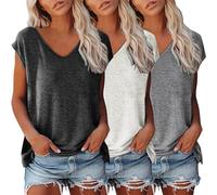 3er Pack Tshirt Damen Einfarbig Bluse Kurzarm V-Ausschnitt T-Shirt mit Flügelärmeln Sommer Tanktop Schlicht Ärmellos Frauen Oberteile Basic Crop Top T-Shirts Klamotten Teenager Mädchen Kleidung