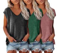 3er Pack Tshirt Damen Einfarbig Bluse Kurzarm V-Ausschnitt T-Shirt mit Flügelärmeln Sommer Tanktop Schlicht Ärmellos Frauen Oberteile Basic Crop Top T-Shirts Klamotten Teenager Mädchen Kleidung