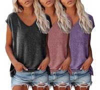 3er Pack Tshirt Damen Einfarbig Bluse Kurzarm V-Ausschnitt T-Shirt mit Flügelärmeln Sommer Tanktop Schlicht Ärmellos Frauen Oberteile Basic Crop Top T-Shirts Klamotten Teenager Mädchen Kleidung