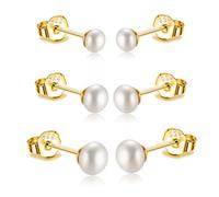 3er Perlenohrringe Gold Silber 925 Vergoldet Weiße Perlenohrstecker Echte Perlen Süßwasserperlen Ohrringe Stecker Süßwasser-zuchtperlen Ohrringe 3 Paar Set 3mm 4mm 5mm