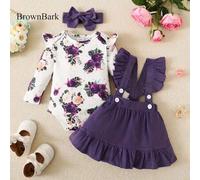 3er Set Baby Mädchen elegant und süß mit Blümchen Langarm Bodysuit, einfarbiges Latzkleid, Haarband, bequem für Frühling/Herbst, Lässig, Schule, Outdo