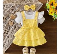 3er Set Baby Mädchen Süße Prinzessin Outfit: Einfarbiges Flügelärmel T-Shirt, Jacquard Blumen Latzkleid mit gerüschtem Rockteil und Stirnband
