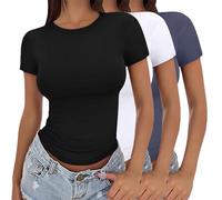 3er-Set Damen Kurzarm-Basic-Tees - Enges Y2k-Crop-Top, Fitted T-Shirt, sommerliche Going-Out-Dupes mit trendigem Design und bequemer Dehnung(NY4, XL)