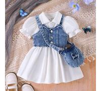 3er Set für Baby Mädchen: Denim Crop-Weste, einfarbiges Kleid mit Polokragen, Puffärmeln und geraffter Taille sowie Denim Umhängetasche mit Schleifenv