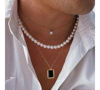 3er Set Herren modisches 3D Schwarz-Diamant Faux-Perlen Halskette, luxuriöses klassisches mehrstufiges stapelbares Schmuckdesign, geeignet für den täg