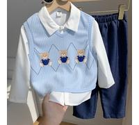 3er/Set Kinder Junge Herbst/Winter Schulstil süßes Cartoon Bären Muster Weste, Langarm weißes Hemd, lange Hose Anzug, Oberbekleidung Set, Schuluniform