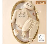 3er Set Neugeborenen Baby Katzen-Gesicht-Muster Langarm-Romper Hose und Mütze Beige Herbst Baumwolle Outfit Neutral
