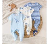 3er Set Neugeborenen Kurz-Schlafanzug, blau gestreift, apricot, hellblau mit Wal-Muster, lässige bequeme Homewear Nachtwäsche, geeignet für Sommeroutd