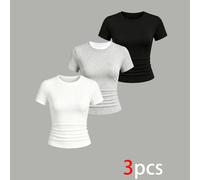 3er Set Teenager Mädchen einfarbige Rundhals Kurzarm Slim Fit T-Shirts, Sommer All-Match figurbetonte Unterziehshirts, mehrfarbig lässig vielseitig St
