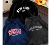 3er Set Tween Jungen New York & Brooklyn & Los Angeles Text Muster Thermischer Kapuzenpullover, Warm & Bequem für Herbst/Winter