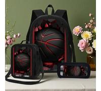 3pcs Basketball Red Black school bag with and Patterned Backpack travel must haves Perfect for School, Travel, and Everyday Use