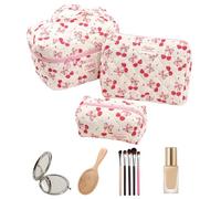 3pcs Frauen Baumwolle gestepptes Make -up -Tasche mit Reisetacktasche (Cherry Big Bow)