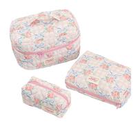 3pcs Frauen Baumwolle gestepptes Make -up -Taschen -Set Reisen Toilettenbeutel (rosa Plaid Rose)