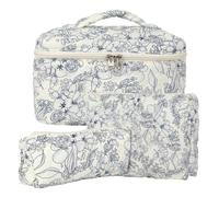 3pcs Reise Kosmetiktasche Set Damen, Baumwolle Kulturbeutel Gesteppte Kulturtasche mit Blumenmuster, Make up Bag Aesthetic Schminktasche Cosmetic Bag für Kinder