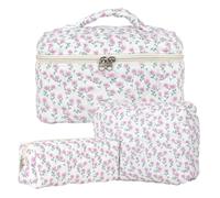 3pcs Reise Kosmetiktasche Set Damen, Baumwolle Kulturbeutel Set Gesteppte Kulturtasche Mit Blumenmuster, Make Up Bag Aesthetic Schminktasche Cosmetic Bag für Kinder