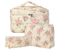 3pcs Reise Kosmetiktasche Set Damen, Baumwolle Kulturbeutel Set Damen Gesteppte Kulturtasche mit Blumenmuster, Make up Bag Aesthetic Schminktasche Cosmetic Bag für Kinder Damen