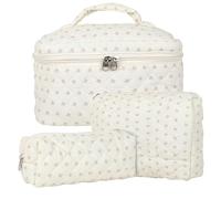 3pcs Reise Kosmetiktasche Set Damen, Baumwolle Kulturbeutel Set Damen Gesteppte Kulturtasche mit Blumenmuster, Make up Bag Aesthetic Schminktasche Cosmetic Bag für Kinder Damen