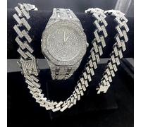 3Pieces Iced Out Uhren für Männer Uhr 15mm Cuban Link Chains Armband + Halsketten Diamant Hip Hop Schmuck Männer Uhr Mann Uhr