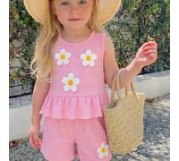 4-7 Jahre Mädchen Lässig süßer strukturierter Strick Rüschen Blumen Dekor ärmelloses Top & Elastischer Bund weite Bein Shorts 2-teiliges Set, geeignet