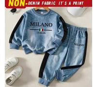 4-7Y Jungen Sportlich Lässig Kunst-Denim-Look Milano Italia Buchstaben-Muster Langarm Sweatshirt & Jogginghose 2-teiliges Outfit Set