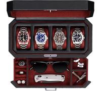 4-Fach-Uhrenbox aus Leder mit Schublade - Luxus-Schmuckkasten, Vitrine mit Schloss und Echtglas-Oberseite - Uhrenbox-Organizer für Herren & Damen (Rot)