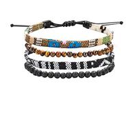 4 Stück Boho Surfer Armbänder Set für Herren Damen,Bunt Ethno Style Geflochtene Stoff Textil Seil Strand Armband,Cool Tigerauge Vulkanischen Stein Perlen Geschenk für Männer Jungs Kinder Jungen Junge