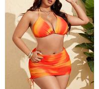 4 Stück Damen Große Größen Batik Bedruckter Bikini Set mit geraffeltem Mesh Rock & Stirnband, Sommer Strand Urlaub Bademode