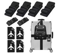 4 Stück Koffergurt & 4 Stück Kofferanhänger & 2 Stück Fügen Sie Eine Tasche Gepäckgurte Hinzu, Kofferband Gurt, Einstellbare Kofferbänder, Auffällig Luggage Strap für Koffer (Schwarz)
