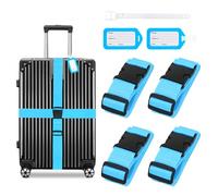 4 Stück Koffergurte, Kofferband Gurt Set mit 2 Etiketten, Verstellbare Gepäckgurte Koffer Gurtband Auffällig, Kofferbänder für Reisen Flugreise (Blau)