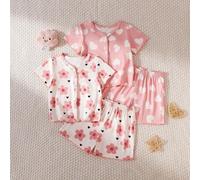 4 Stück/Set süßer Neugeborenen Baby rosa Herz & Blumen Muster Kurzarm Strickjacke + bequeme Shorts Pyjama Set, Kleinkind Hauskleidung