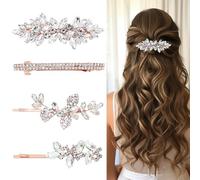 4 Stück Strass Haarspangen Blatt Hochzeit Haarnadeln Kristall Bobby Pins Silber Braut Haarnadel Haarspange für Bräute Brautjungfern Blumenmädchen (Roségold)