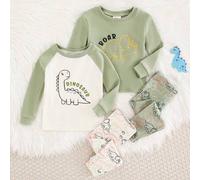 4 Stücke Baby Jungen Schlafanzug Set mit Cartoon Dinosaurier Muster, kontrastfarbig, weiche Strick-Rundhalsausschnitt Langarm-Top und Hose