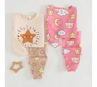 4 Stücke Baby Mädchen Cartoon Tier Muster Strick Weicher Rundhals Langarm Top und Elastischer Bund Lang Hose Eng Anliegender Pyjama Set
