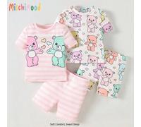 4 Stücke Baby Mädchen gestreifte Cartoon Bär Bodysuit Set, weich & atmungsaktiv, beinhaltet Kurzarm-Shirt & Shorts, Sommer Essentials