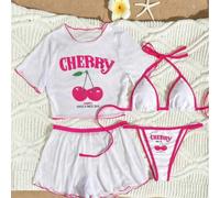 4 Stücke Damen Bikini Badeanzug mit hoher Elastizität, Kirschenmuster, süße Schleife vorne, geeignet für Urlaub, Party, Strandurlaub im Sommer, Pink