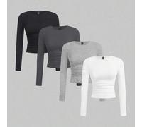 4 Stücke Damen Lässig, vielseitig, unifarbene Langarm Slim Fit Strick T-Shirts, geeignet für Frühling & Herbst Basics Tops Damen 3er Pack Tops Slim Fi
