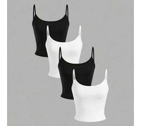 4 Stücke Damen Schwarz & Weiß enge Crop Top Lässig Trägershirts, geeignet für Sommer, 3er Pack Tops für den Schulanfang