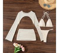 4 Stücke Damen Strandoutfit Set: Spitze Langarm Neckholder Rückenfreier Bikini-Oberteil, String Bikini-Hose, Langarm Strandkleid, Spitze Mini-Rock