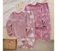 4 Stücke Mädchen Plüsch Pyjama Set mit Wimpern, Wolken, Schleife Muster, bequeme lange Hose und Langarmshirt, geeignet für Herbst/Winter