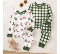 4 Stücke/Set Baby Jungen Strick Rundhals Langarm Hose Grün Karo Cartoon süßer Bär Muster einfach lässig bequem weich figurbetont Hauskleidung Outfit f
