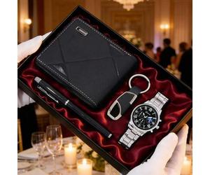 4 Stücke/Set minimalistischer Business Herren Quarz Uhr Set, inklusive Silber Metallarmband Blaues Zifferblatt Römische Ziffern Quarz Uhr, Schwarze st