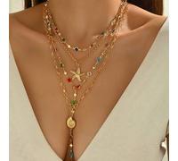 4 Stücke/Set modischer, eleganter, bunter Glas-Kristall-Strass-Mehrschicht-Y-Halskette mit Seestern- und Muschelanhängern, geeignet für den täglichen